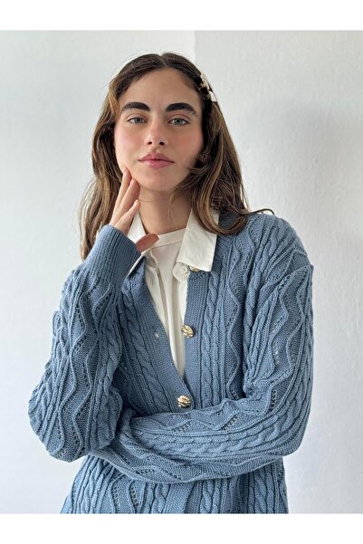 Retrobird Gold Buttoned Lace-Like Knit Cardigan Women Indigo