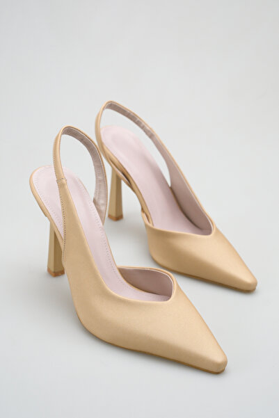 Bak Store Pantofi cu toc pentru femei din satin auriu, 10 cm, stiletto