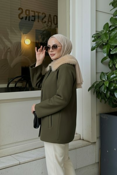 Zeneva Collection Khaki Fur Collar Lined Cashmere Jacket Coat 2121