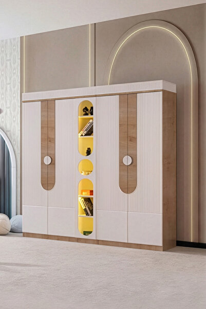 Setay Gardırop, Vira 4 Kapaklı Dolap ve Ledli Kitaplık - Ceviz