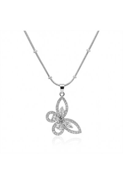Tesbihane قلادة نسائية من الفولاذ - تصميم فراشة - حجر زركون أبيض - لون فضي
