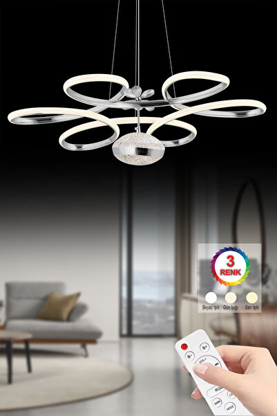 İstanbul Avize Lina Gümüş Papatya Kasalı 3 Renk Kumandalı Ledli Modern Led Avize