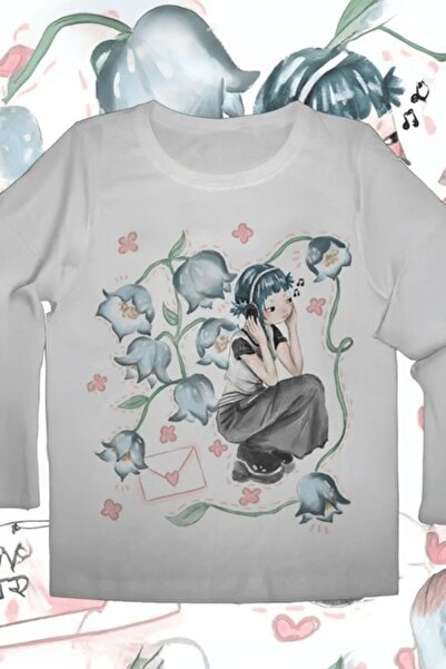 ARS Butik Цветя Музика Момиче Бял Къс Топ с Дълги Ръкави