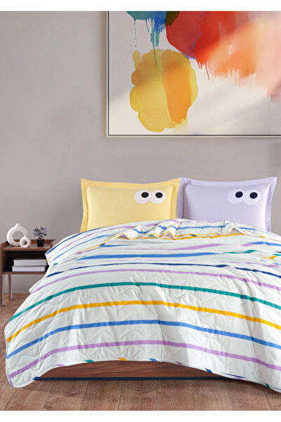 Eponj Home Kapitone Yatak Örtüsü Seti Çift Kişilik Funny Sarı-Lila