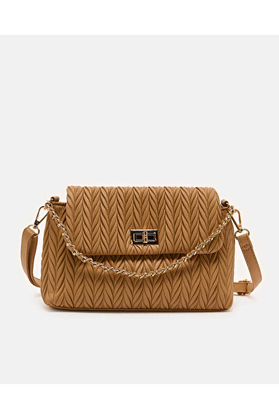 REDTAG Women Brown Quilted Cross Body Bag with Chain