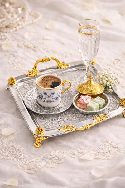 FABRIONA Sultan Gold Tepsi Paslanmaz Çelik Gold & Gümüş Söz Nişan Nikah Çay Kahve Sunum Tepsisi 22x22 cm