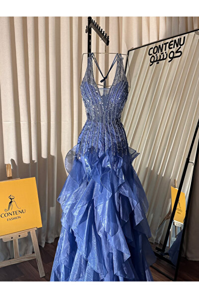 CONTENU Beaded ruffled evening dress