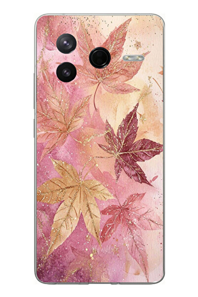 TechTree Poco F7 Pro Compatible Pink and Burgundy Tone Leaf Printed Silicone ...