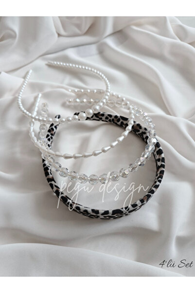 pegu baby collection طقم من 4 قطع تاج مخملي بنقشة الفهد وتاج من اللؤلؤ المتسل...