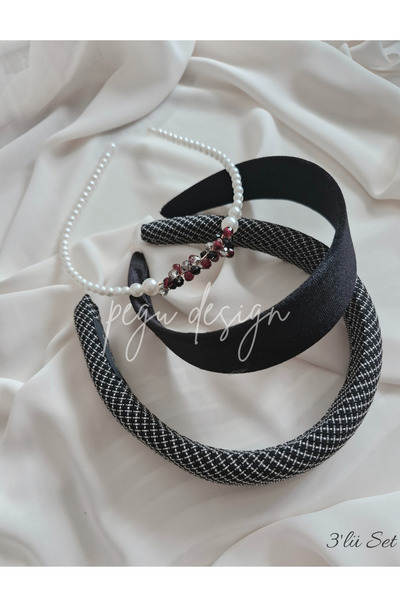 pegu baby collection طقم من 3 قطع: تاج مخملي واسع، تاج مبطن، وتاج لؤلؤي متسلس...