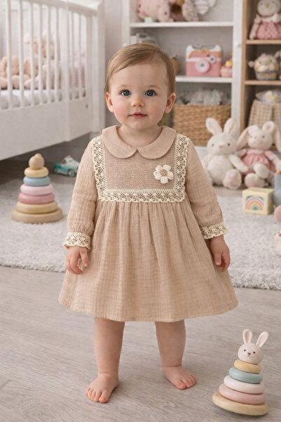 BEBEXO KIDS Kız Bebek Müslin Kumaş Papatyalı Nakış Detaylı Elbise|9-12-18-24 Ay