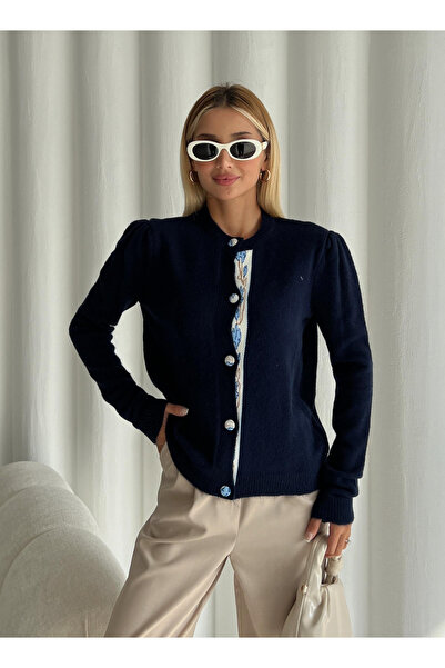 My Blog Navy Blue Button Place Patterned Cardigan - 231013