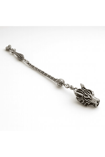 Tesbihane Silver-Colored Albanian Chain with a Wolf Theme, Single Whip, Tarni...