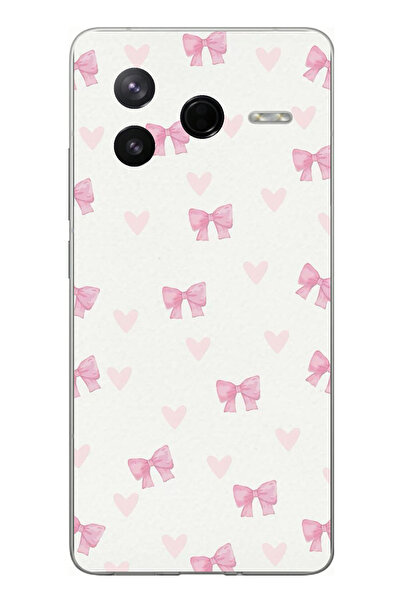 TechTree حافظة سيليكون متوافقة مع Poco F7 Pro على شكل فيونكة وقلوب وردية مطبوع