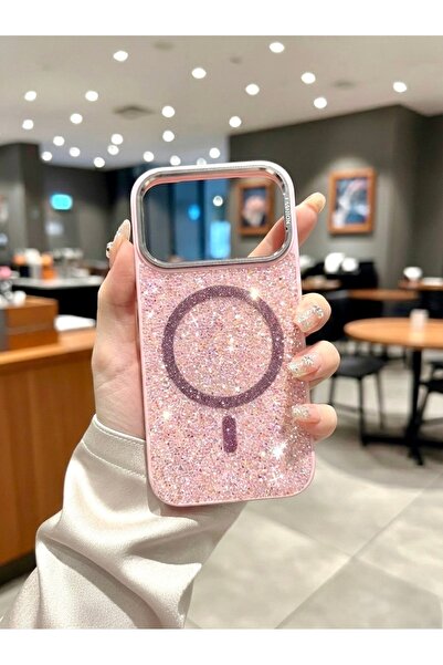 İtarz iPhone 17 ProMax Uyumlu, Pembe, MagSafe Özellikli Premium Simli Taşlı P...