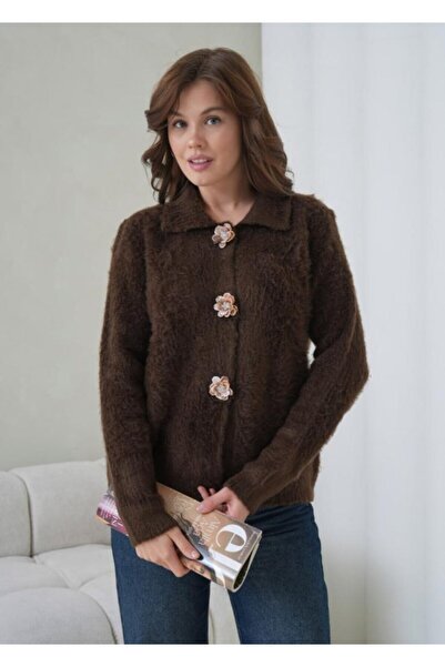 fuşyha butik Gül Düğme Detaylı Peluş Hırka