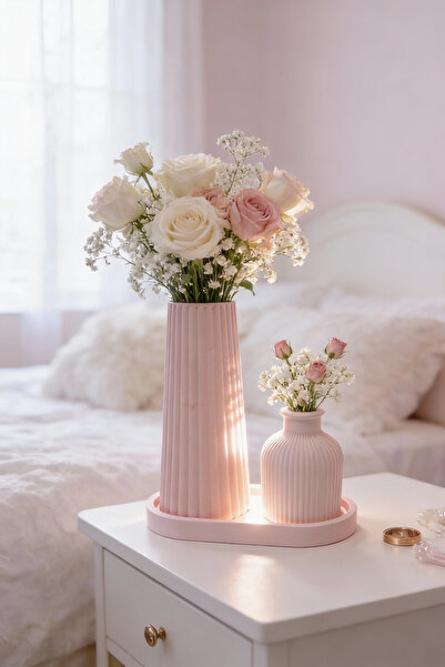 Fitruka Minimal Pudra Pembe Vazo Seti – Büyük & Küçük Vazo, Tepsili