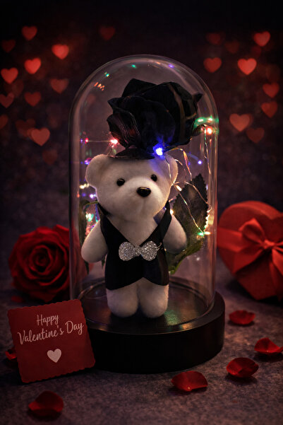 CHANCE GİFT LED Işıklı Özel Tasarım Siyah Gül Fanusu ve Ayıcık Biblo Sevgiliy...