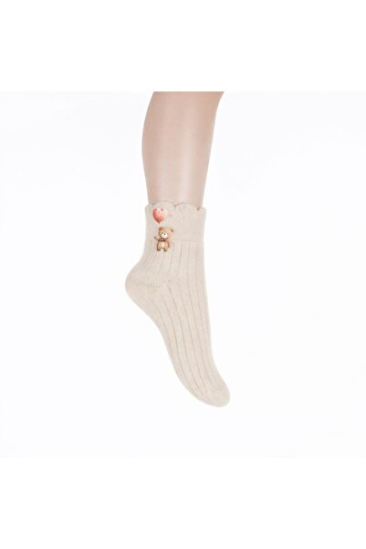 Ugly Duck Heart Bear Detailed Socks - Beige