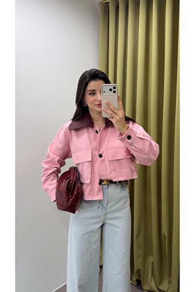 HAZELANNA Pink Jacket with Leather Collar