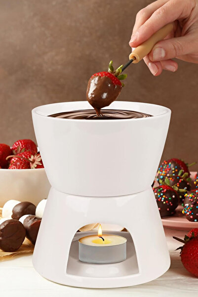 TechnoStation Porselen Mumlu Fondü Seti 2 Adet Paslanmaz Fondü Çatalı Hediyel...