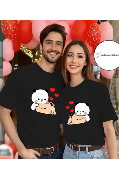 LELVANİ Cute Cartoon Printed Suitable Combination for Couples White/Black T-S...