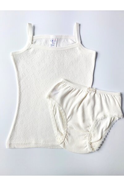 ÇebiKids Girl's 100% Cotton White Jacquard Tank Top-Slip Panty Set