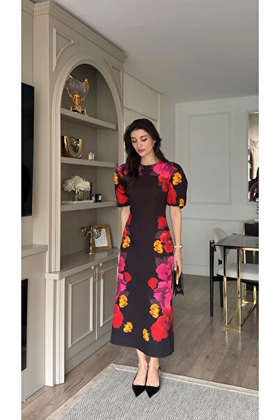 HAZELANNA Floral Black Midi Dress