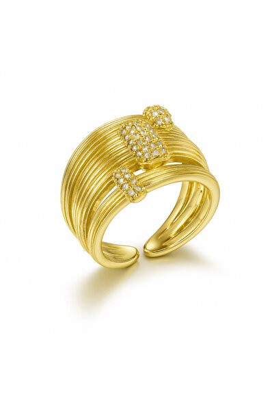 Tesbihane Women's Xuping Steel Ring - 3-Piece Design - Zircon Stone - Gold Co...