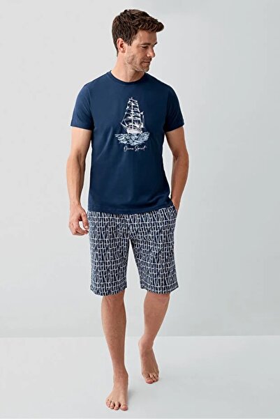 YUYİ Roly Poly 100% Cotton Circular Neck Men's Shorts Pajama Set 3820