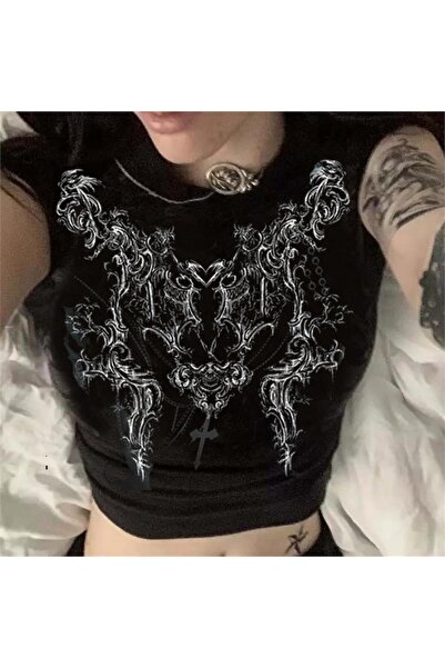 ARS Butik Черно сърце кръст готически Y2K къса блуза с къси ръкави