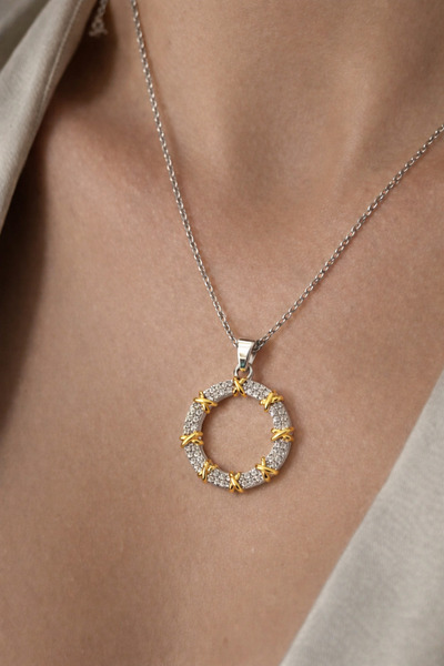 staınless steel Elite Circle Kolye – Altın & Gümüş Tonlu Taşlı Premium Seri