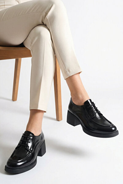 GRADA Siyah Rugan Hakiki Deri Kadın Topuklu Oxford Ayakkabı Bağcıklı Topuklu ...