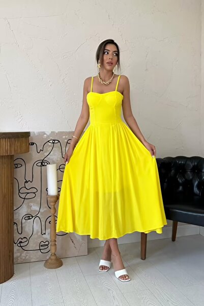 Kosta Moda Elbise uzun askılı açık omuz sarı kadın yazlık