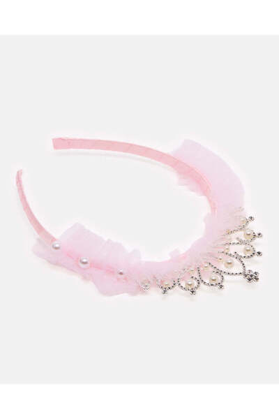 REDTAG طوق رأس وردي اللون على شكل تاج أميرة للبنات، مزين بالتول واللؤلؤ