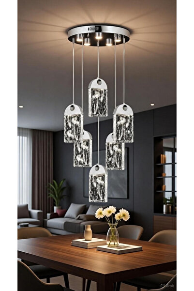 VAV AVİZE Modern Kristal Cam LED Sarkıt Avize – 6’lı Buz Tasarım, Lüks Salon ...