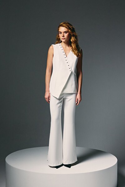 Sateen Pants with Pearl Accessories on the Sides - Ecru