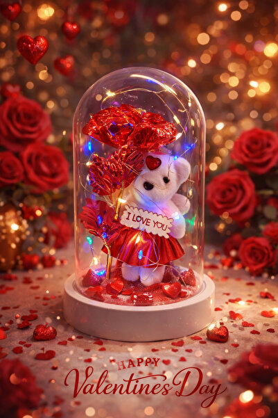 CHANCE GİFT LED Işıklı Cam Fanus Hologramlı Gül Ayıcık Biblo Sevgiliye Özel H...