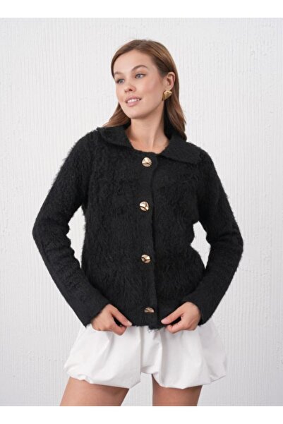 fuşyha butik Plush Knit Cardigan with Shiny Button Detail