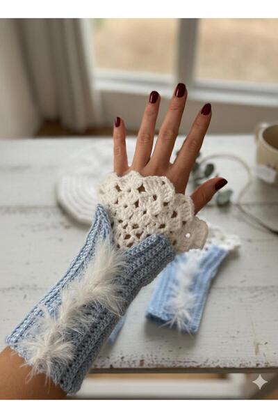 EL YAPIMI Özel tasarım tüylü el örgüsü parmaksız eldiven