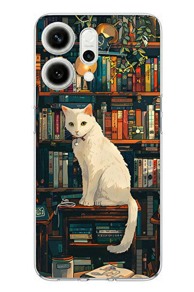 TechTree Oppo Reno 14 5g Compatible Bookshelf White Cat Design Printed Silico...