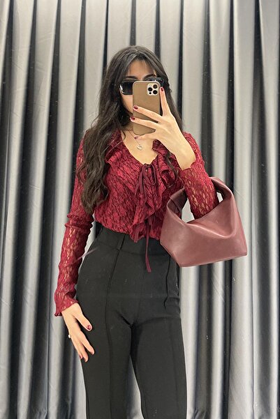 STEPS Dantel Ön Bağcıklı Bluz - Bordo BORDO