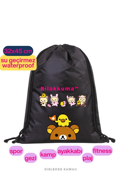 Girlboss Kawaii Rilakkuma Waterproof Black Drawstring Bag, Suitable for All A...