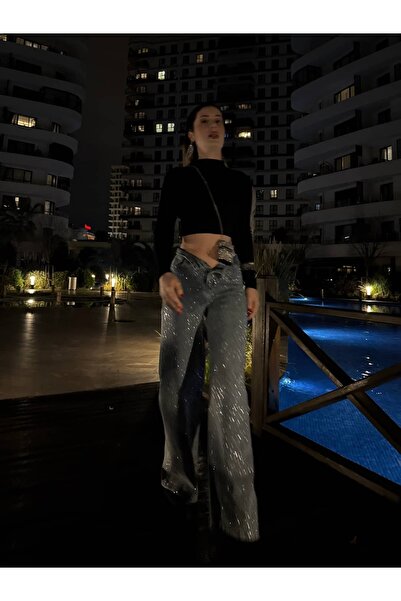 YK FASHION Işıltılı Taşlı Kot Pantolon