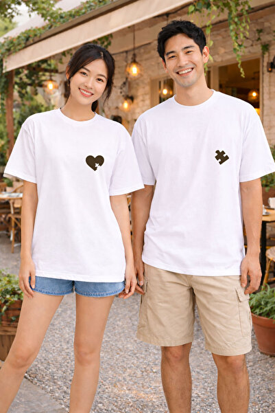 MODA Jigsaw Puzzle Heart Valentine's Day Couple Combination White T-Shirt (Si...