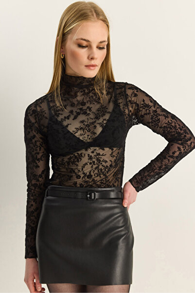 Bianco Lucci Women's Floral Pattern Semi-Transparent High Neck Tulle Blouse 6...