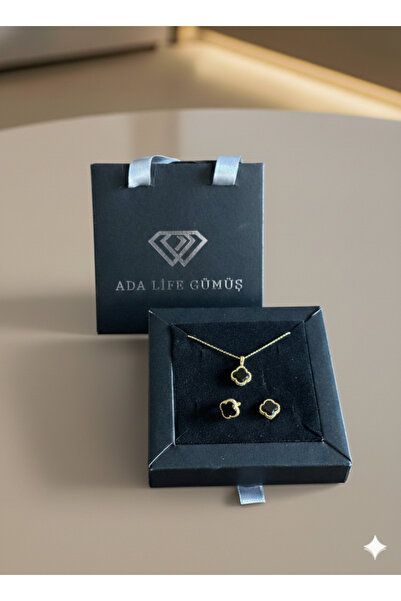 ADA LİFE GÜMÜŞ (ÇANTALI KUTULU)925 Ayar Gümüş Siyah Taşlı 2 li Yonca Set