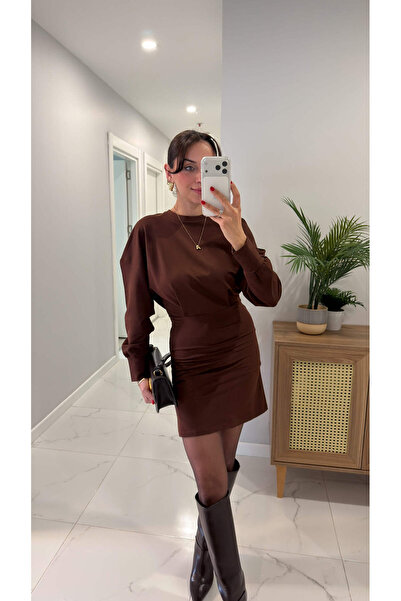 BİRCANÇİL Shoper Brown Two Thread Pleated Dress
