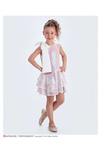 Esterella Collar Bow Sparkling Sequin Fabric Girls' Evening Dress