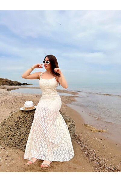 ahanora فستان نسائي صيفي دانتيل مبطن على الكتف (لون)